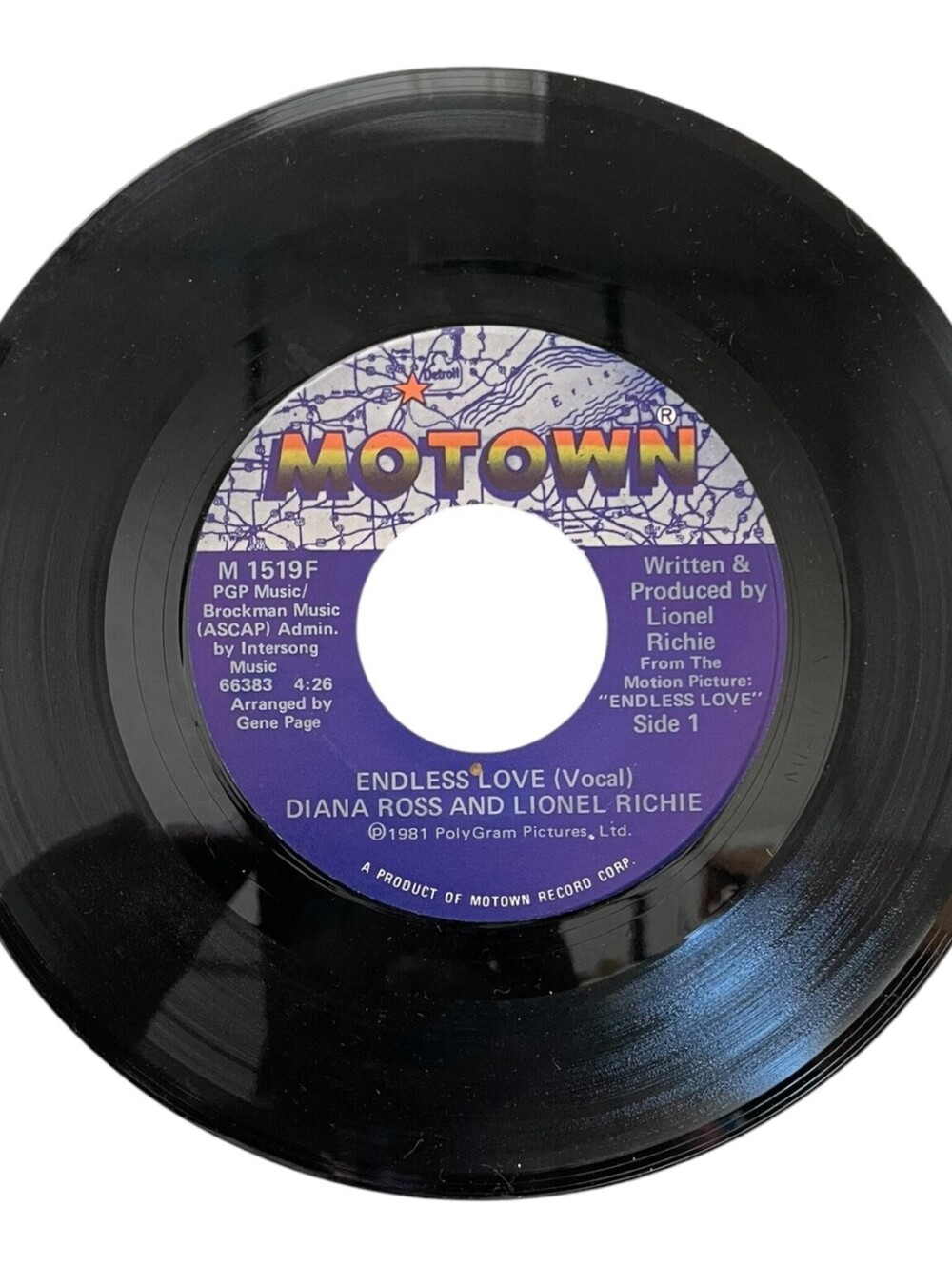 Diana Ross & Lionel Richie - Endless Love 7" Vinyl 45 RPM Motown M 1519F 1981